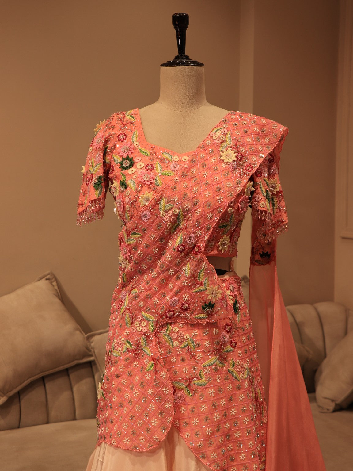 peach shaded drape lehenga set