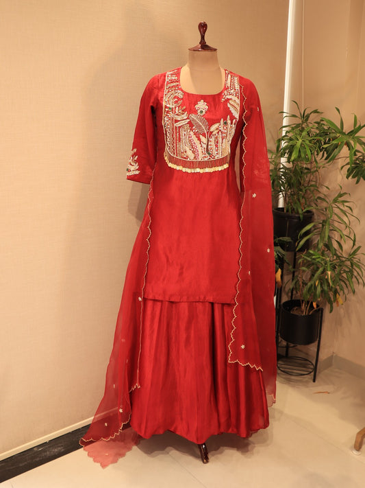Red embroidered kurta plazo set