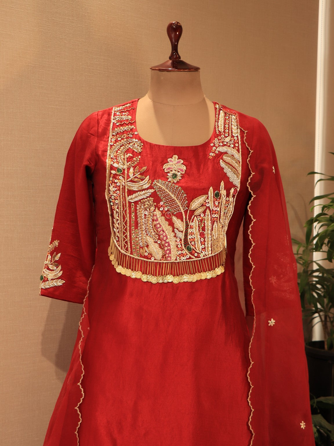 Red embroidered kurta plazo set