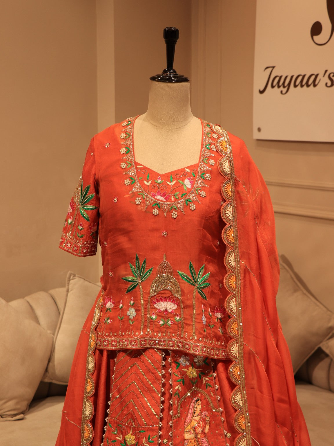 Rust orange hand painted lehenga set