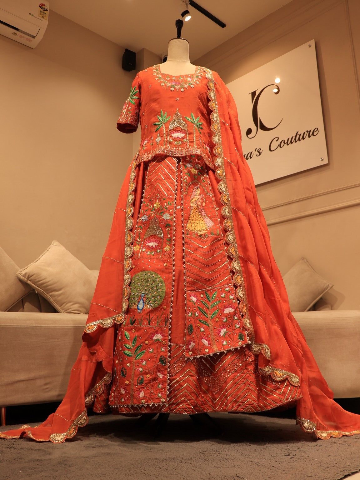 Rust orange hand painted lehenga set