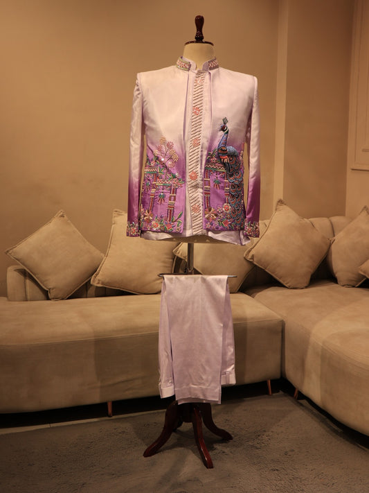 Lavander shaded peacocok mens indo western