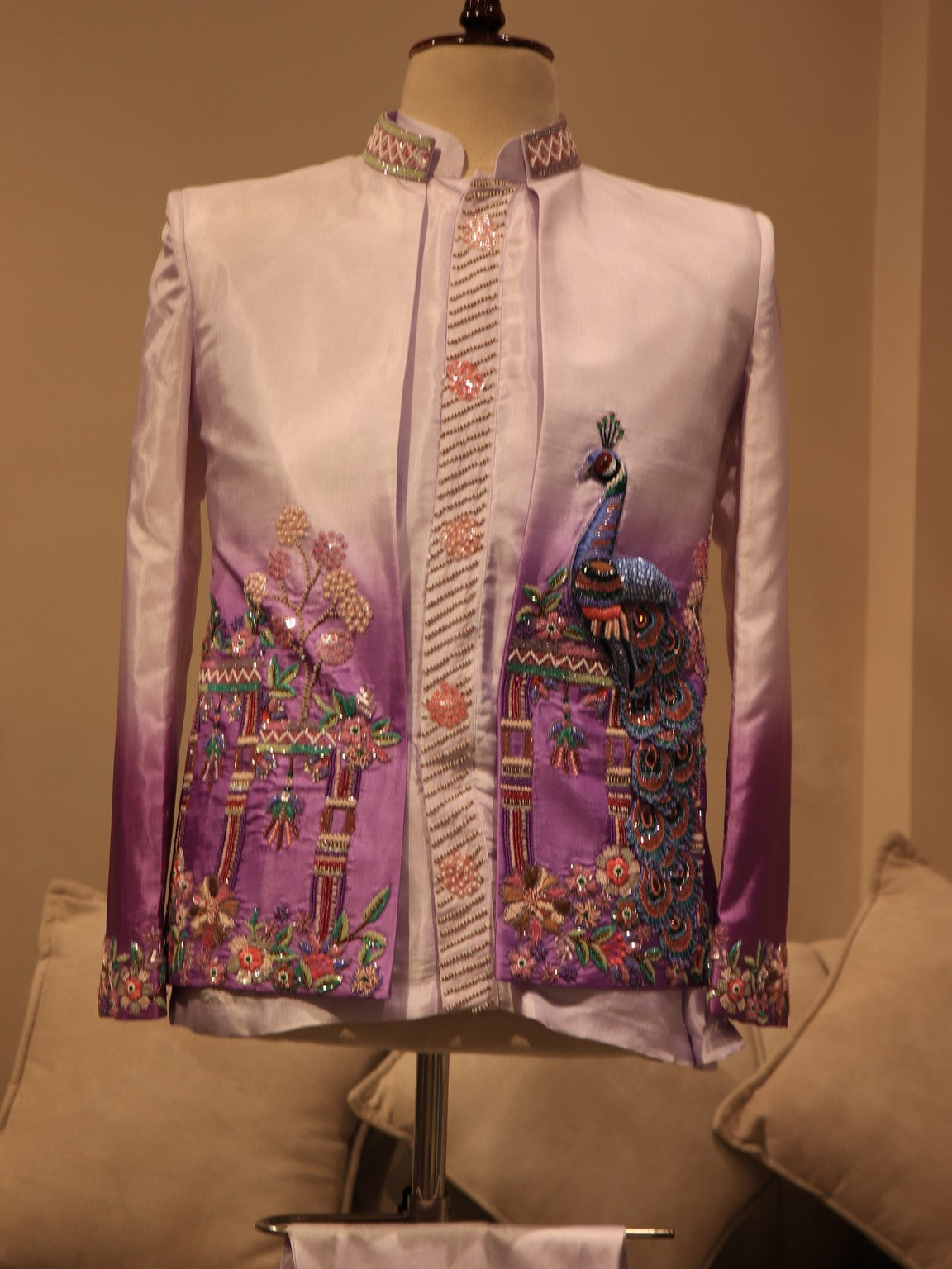 Lavander shaded peacocok mens indo western