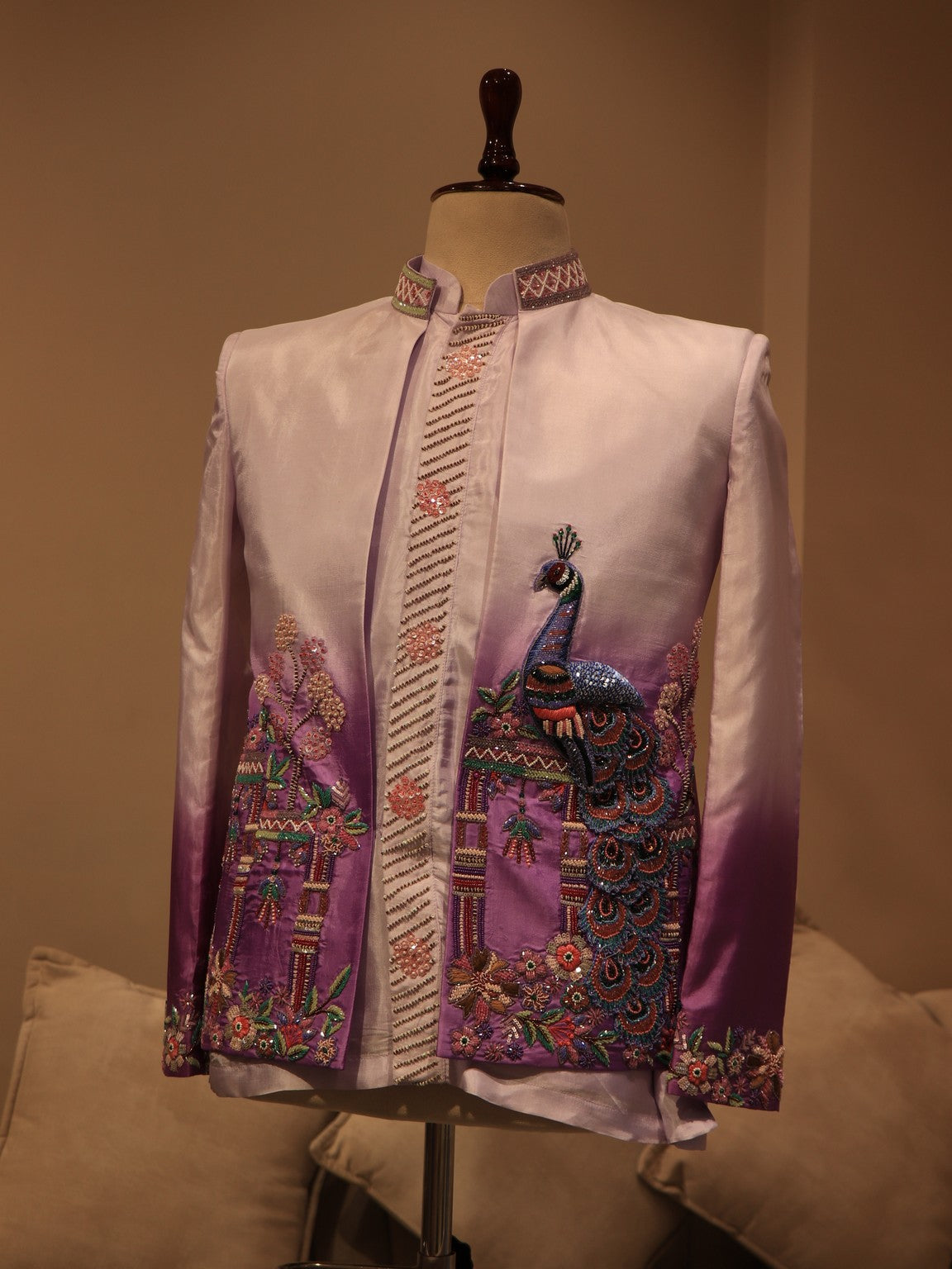 Lavander shaded peacocok mens indo western