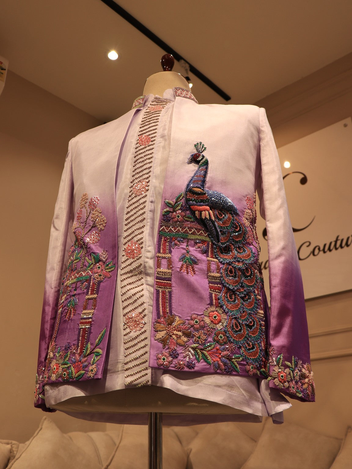 Lavander shaded peacocok mens indo western