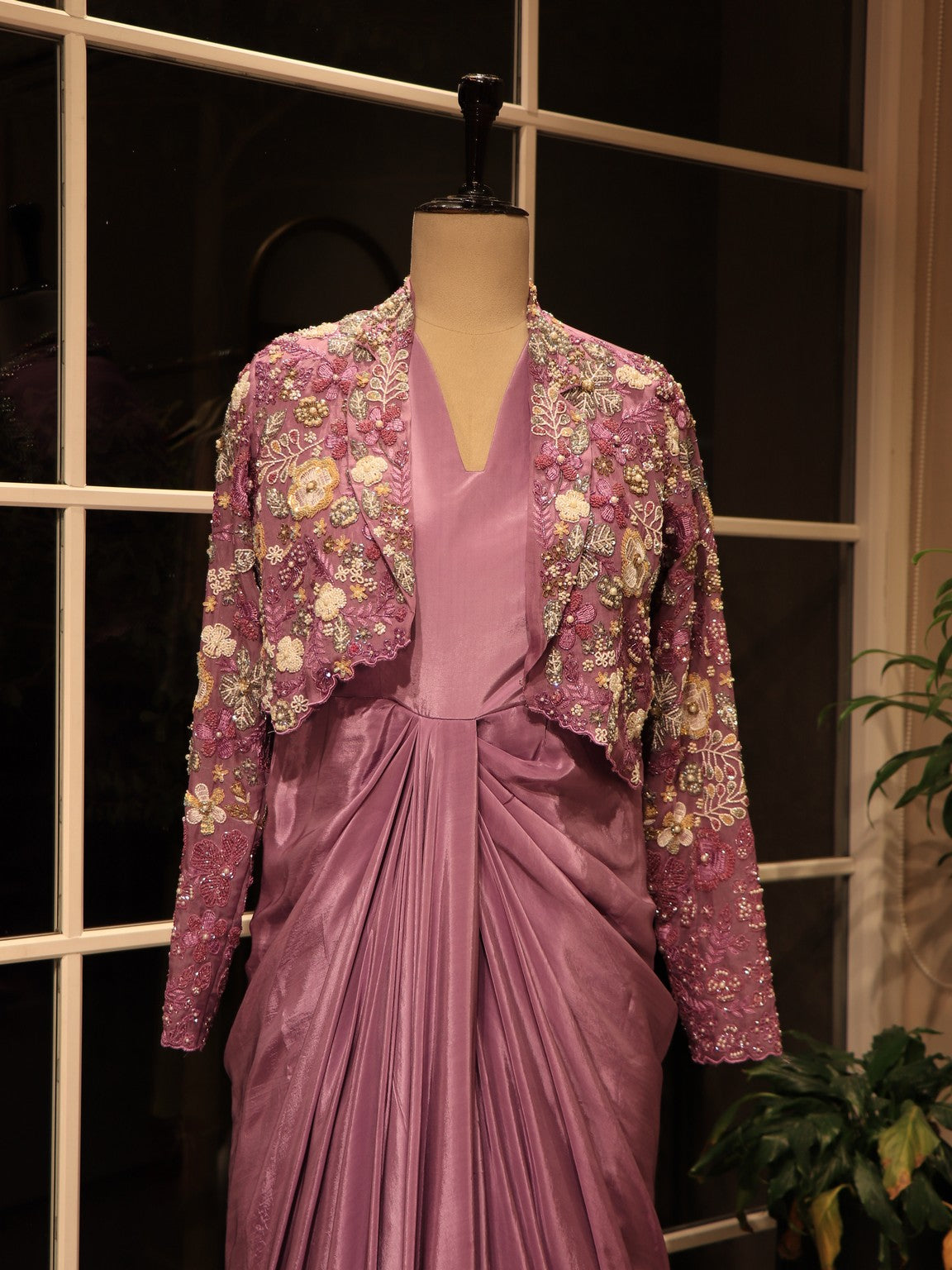 lavender drape gown with shrug