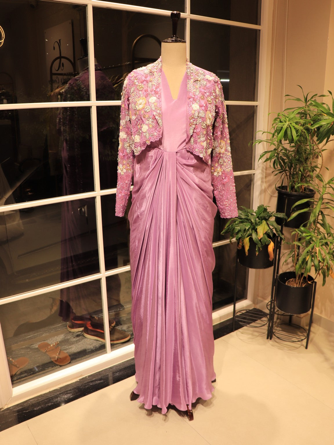 lavender drape gown with shrug