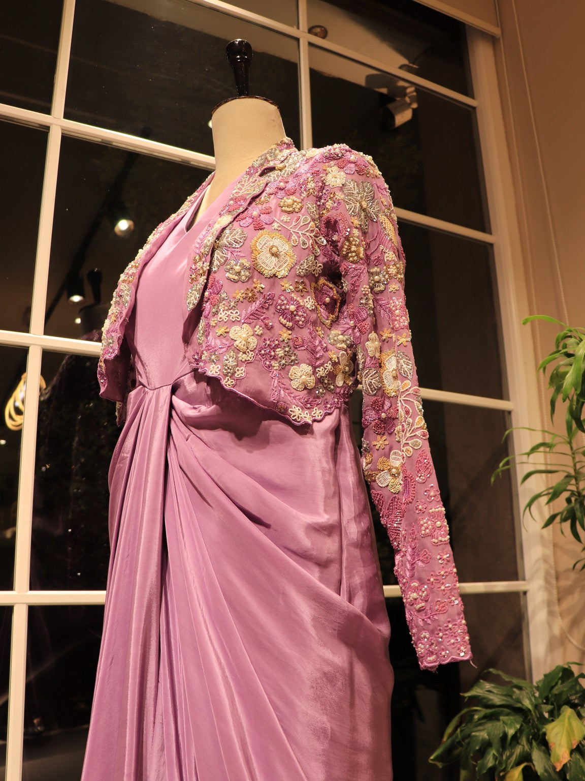 lavender drape gown with shrug