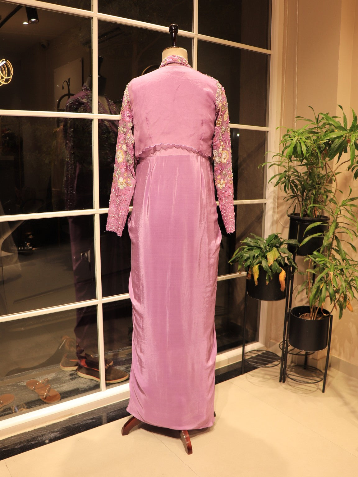 lavender drape gown with shrug