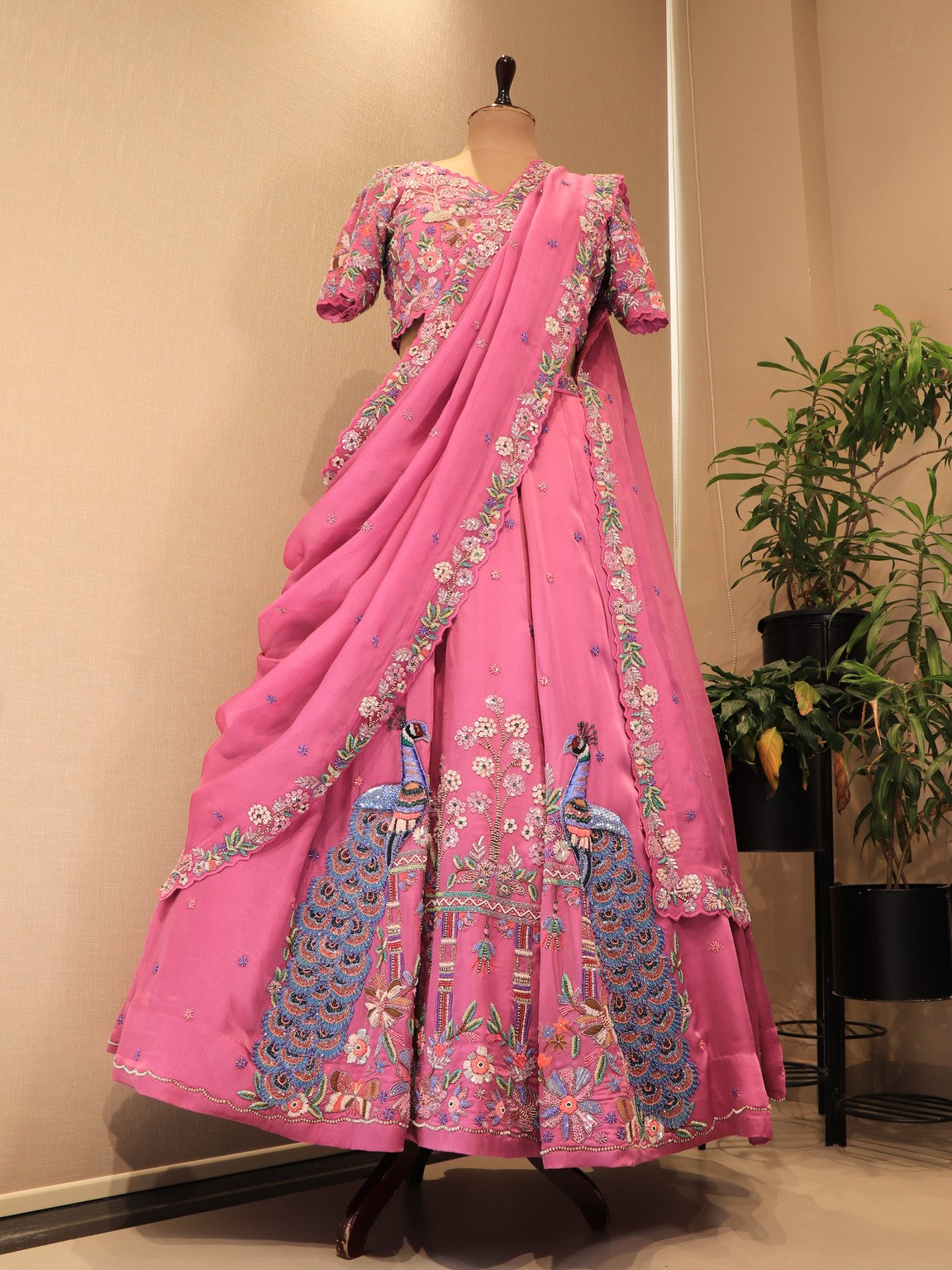 Magenta pink peacock lehenga set