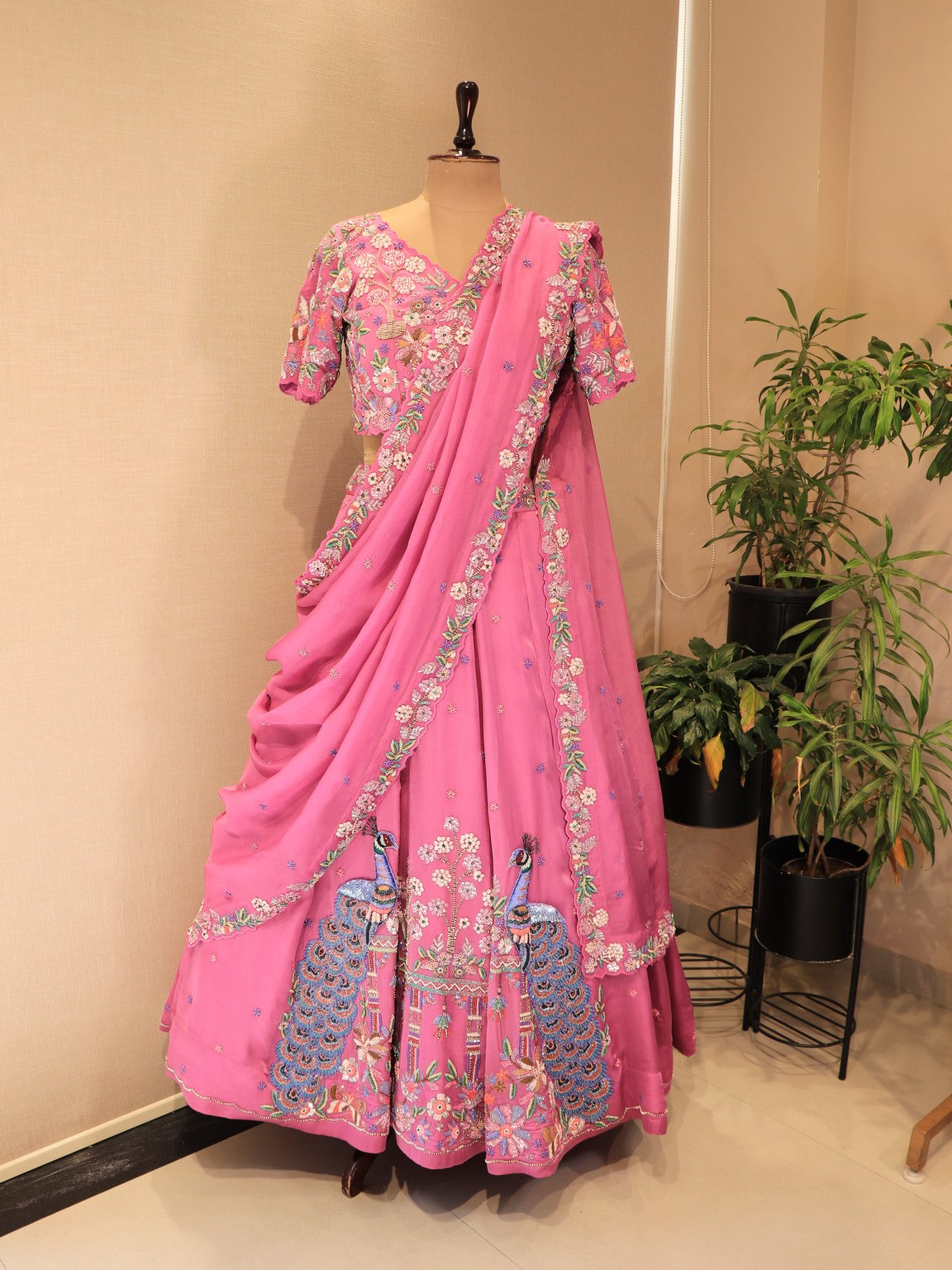 Magenta pink peacock lehenga set