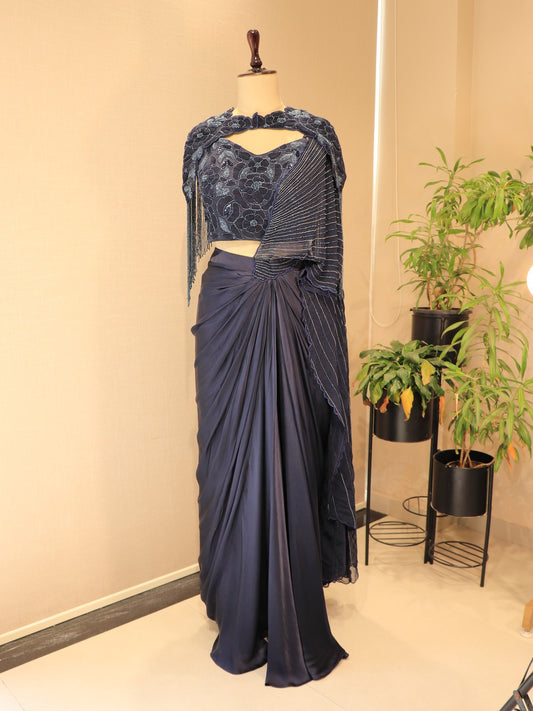 Navy Blue drape saree