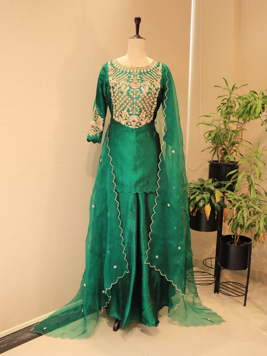 Bottle green kurta with plazo dupatta