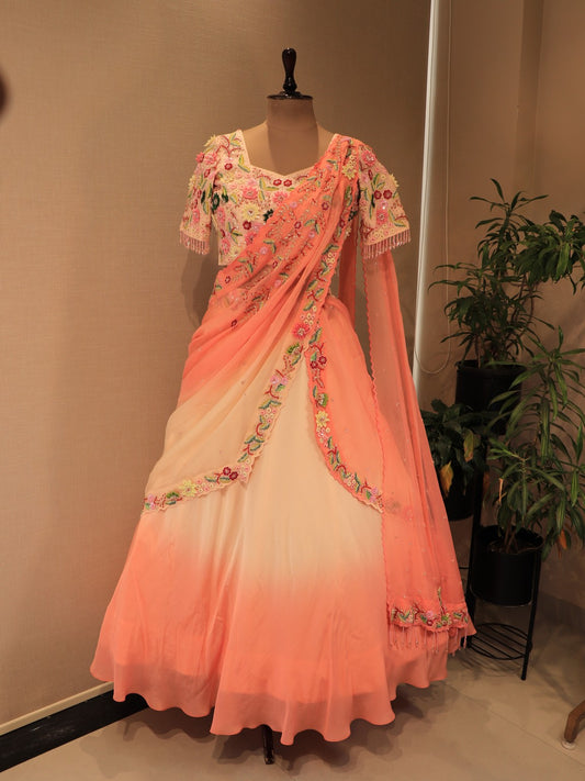 Peach drape lehenga set
