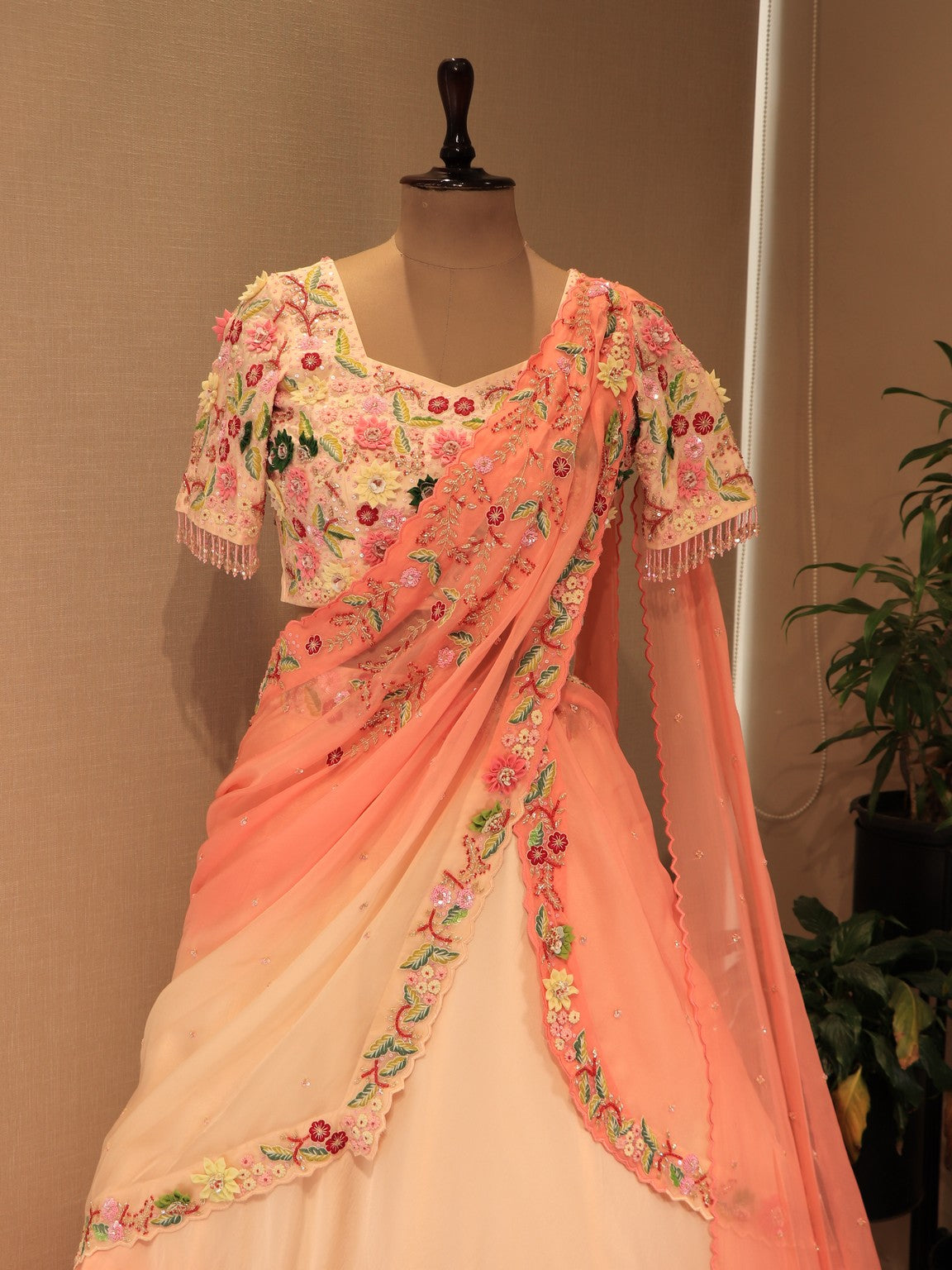 Peach drape lehenga set
