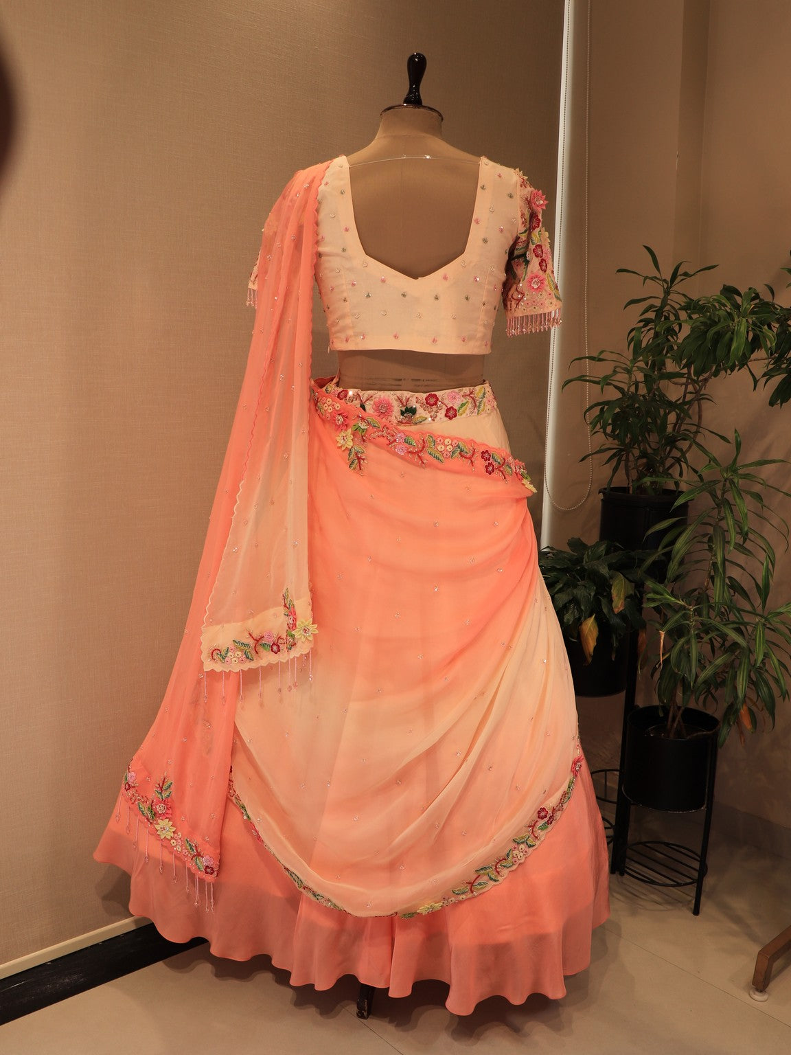 Peach drape lehenga set