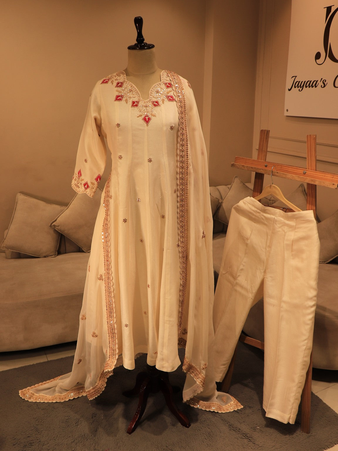 Off white anarkali gown with plazo and dupatta