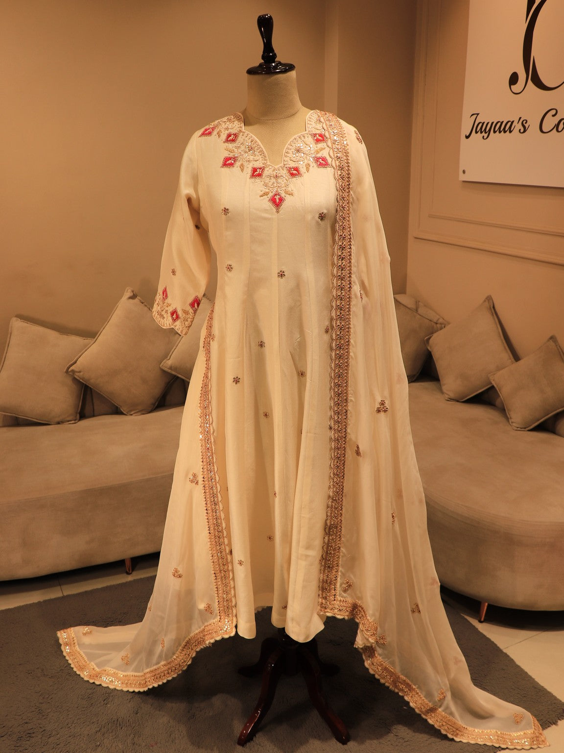 Off white anarkali gown with plazo and dupatta