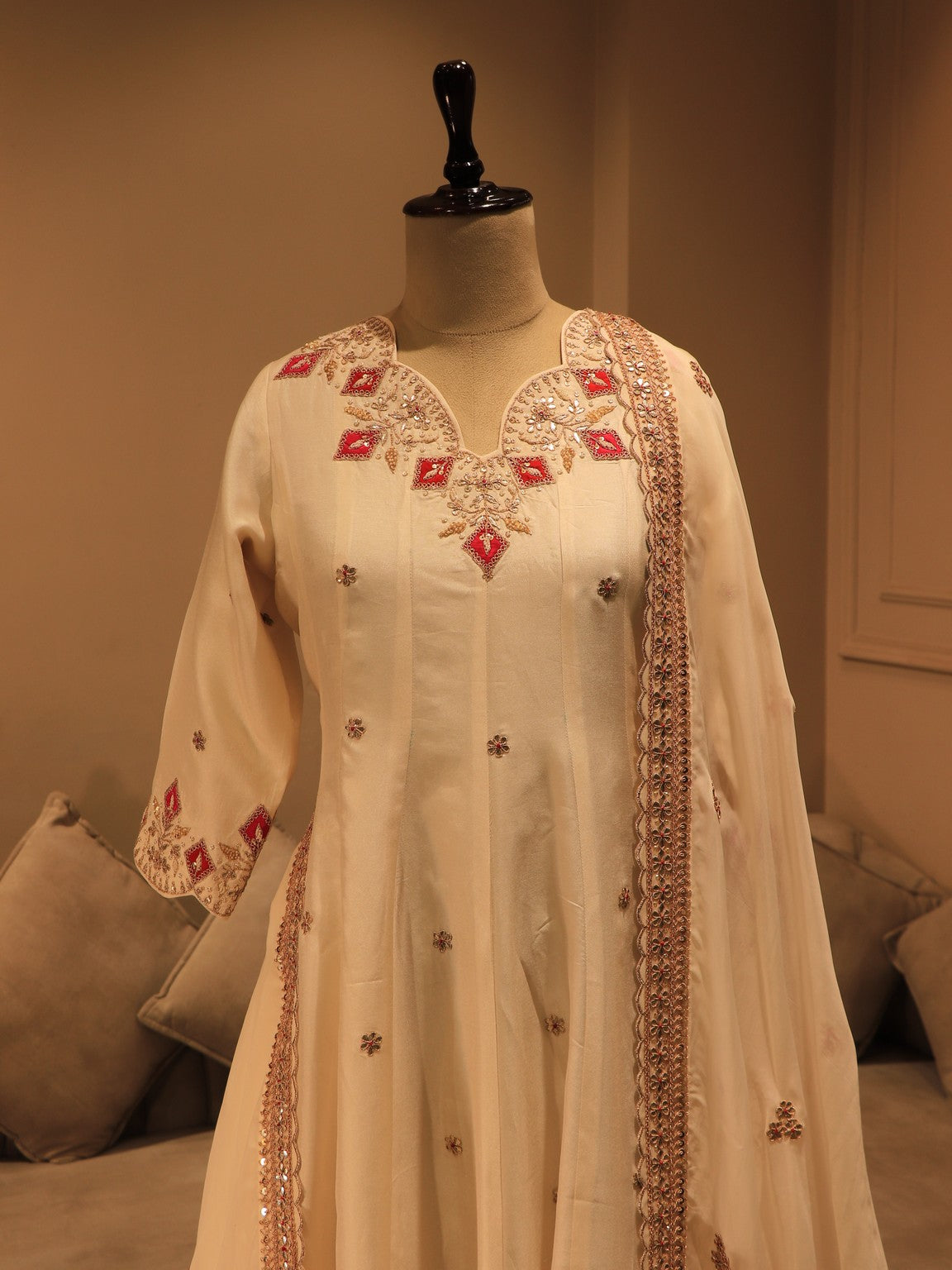 Off white anarkali gown with plazo and dupatta