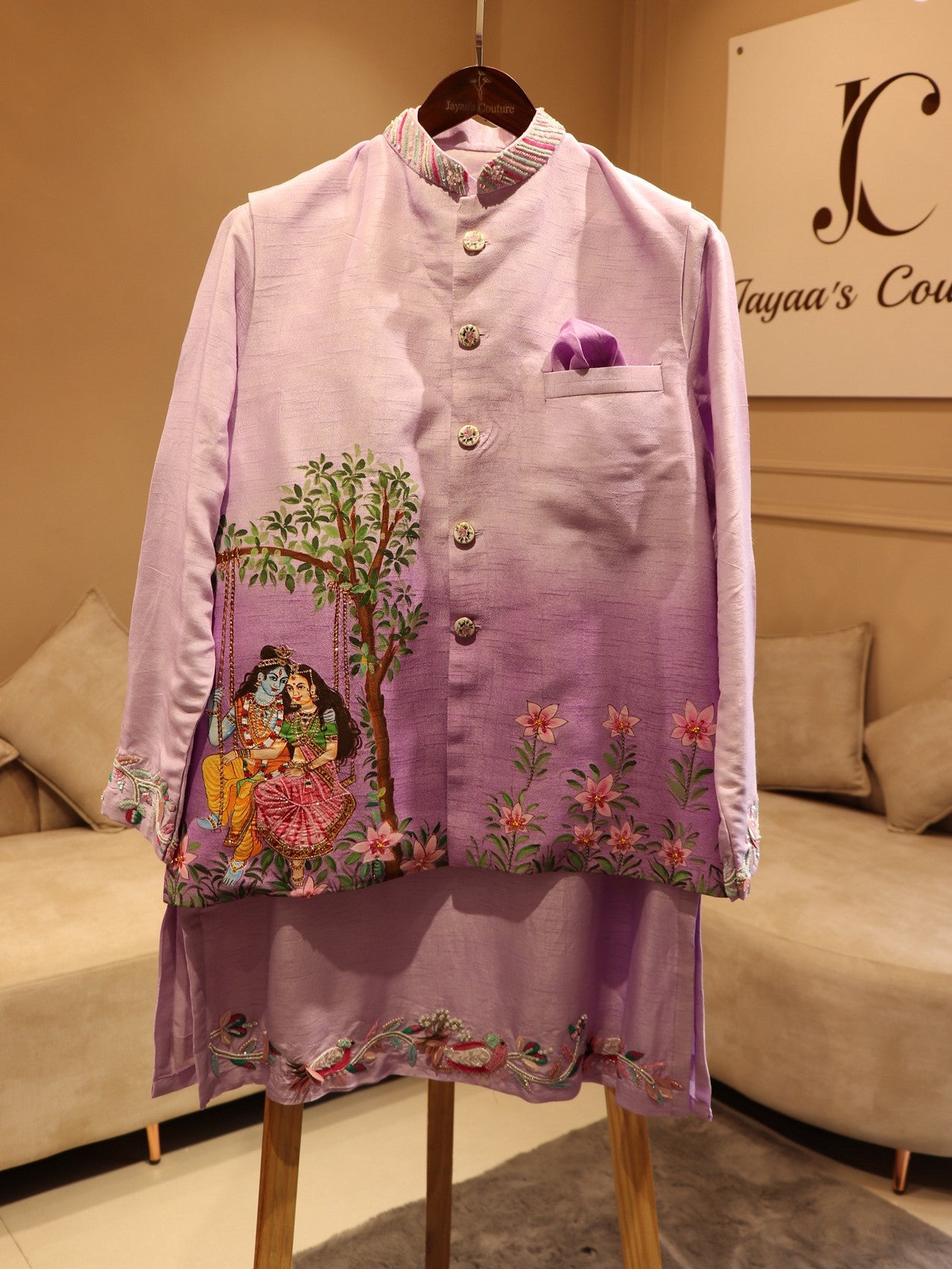 Pastel lavander handpainted mens jacket with kurta pants