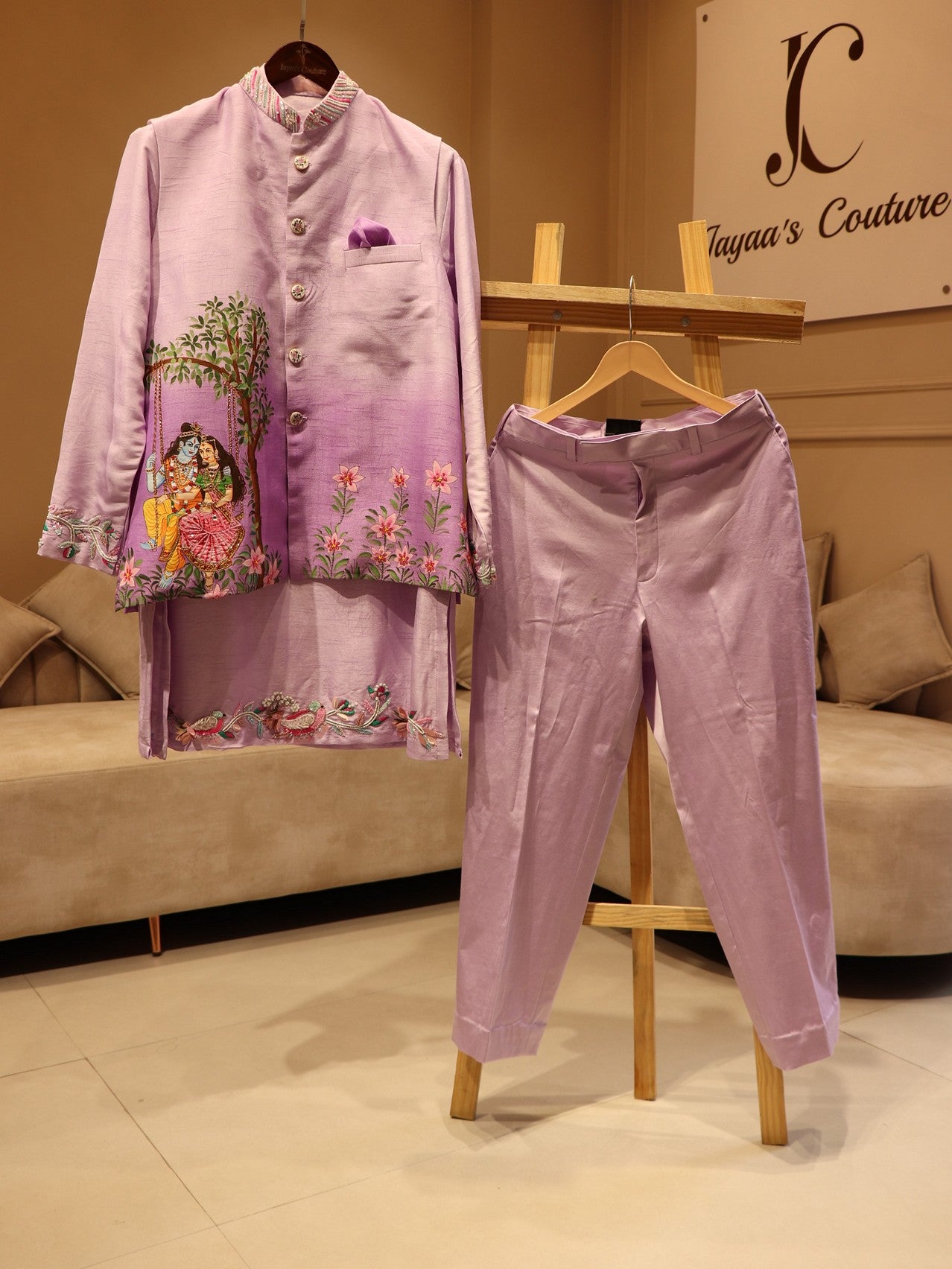 Pastel lavander handpainted mens jacket with kurta pants