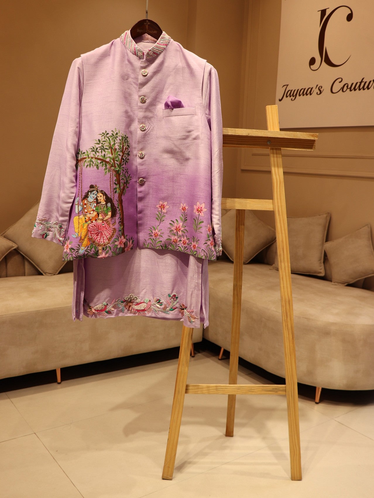 Pastel lavander handpainted mens jacket with kurta pants