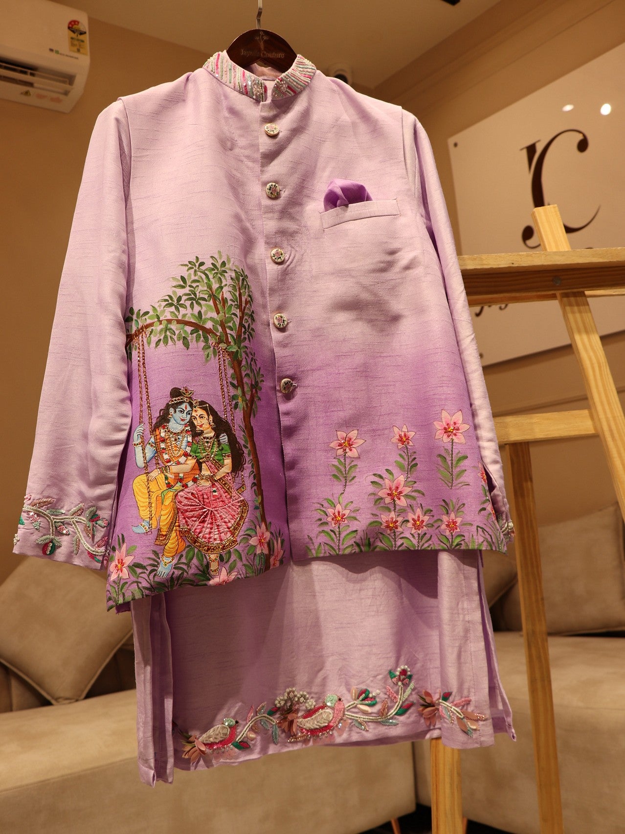 Pastel lavander handpainted mens jacket with kurta pants