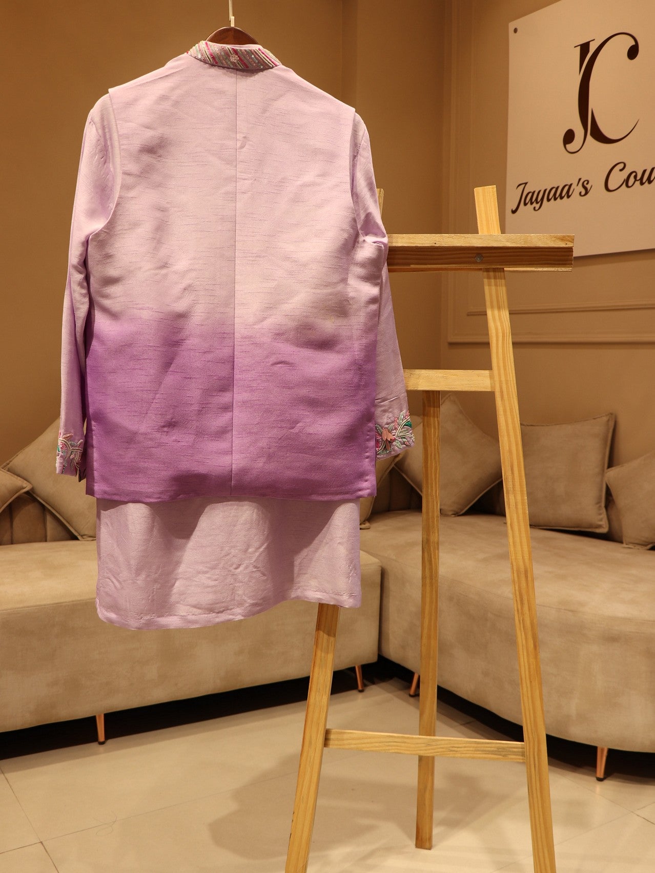 Pastel lavander handpainted mens jacket with kurta pants