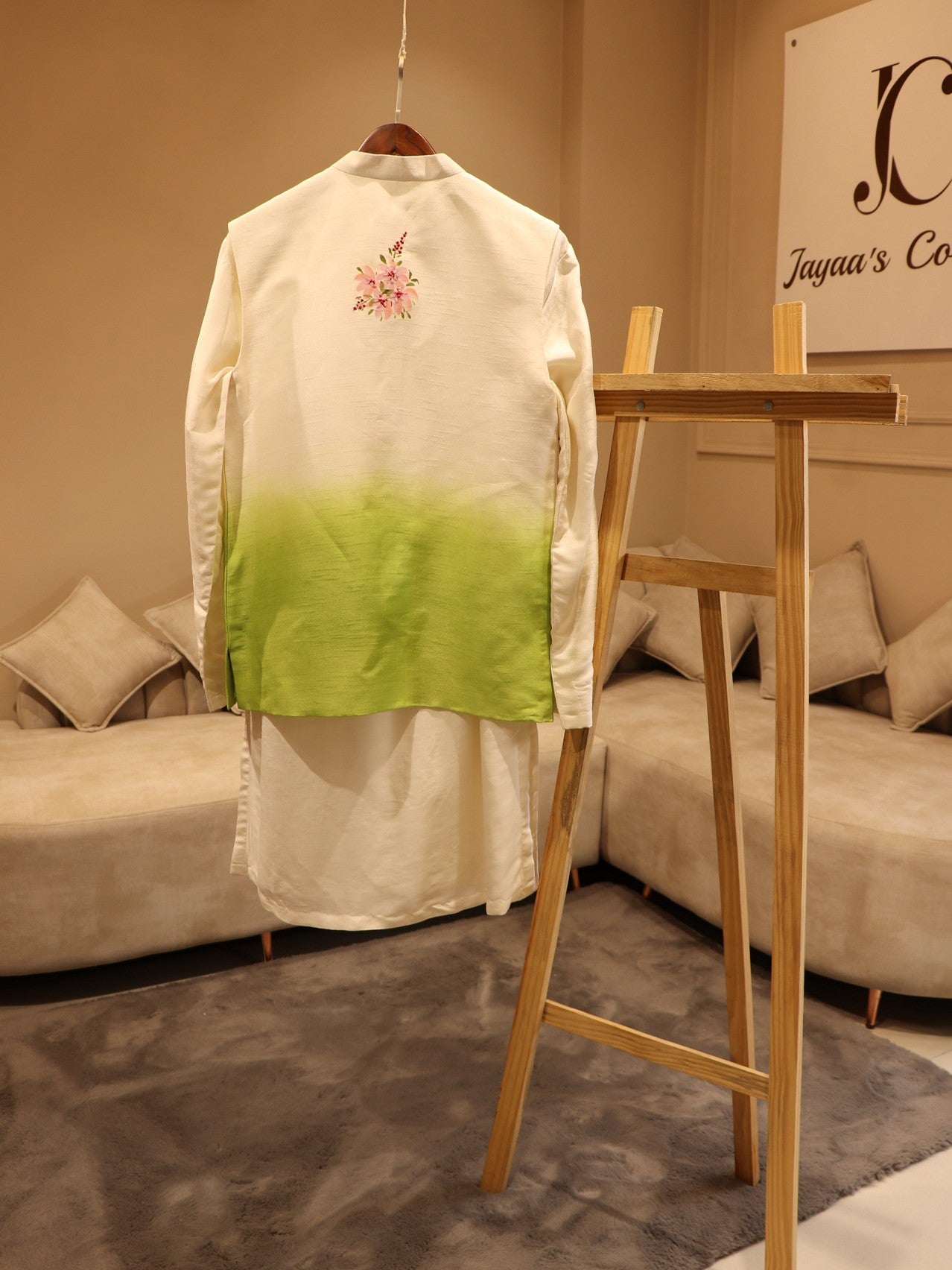 Off white green shaded peacock mens jacket with kurta pants