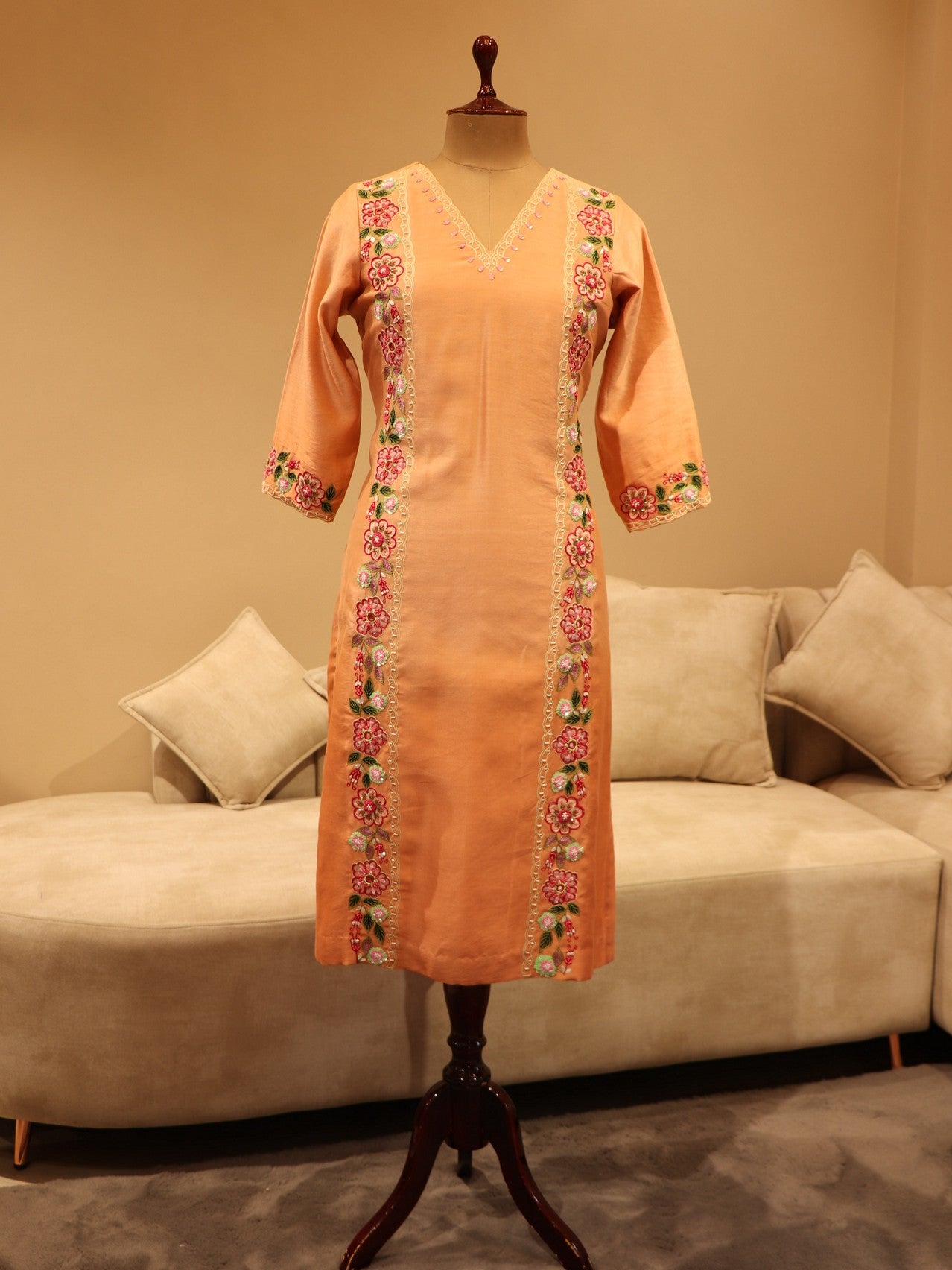 Peach kurta with pants and dupatta