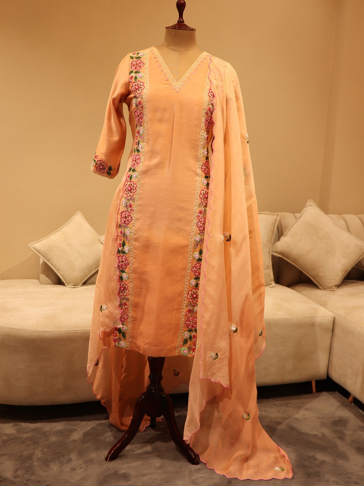 Peach kurta with pants and dupatta