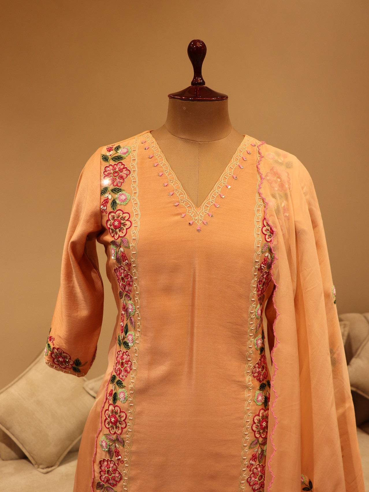 Peach kurta with pants and dupatta