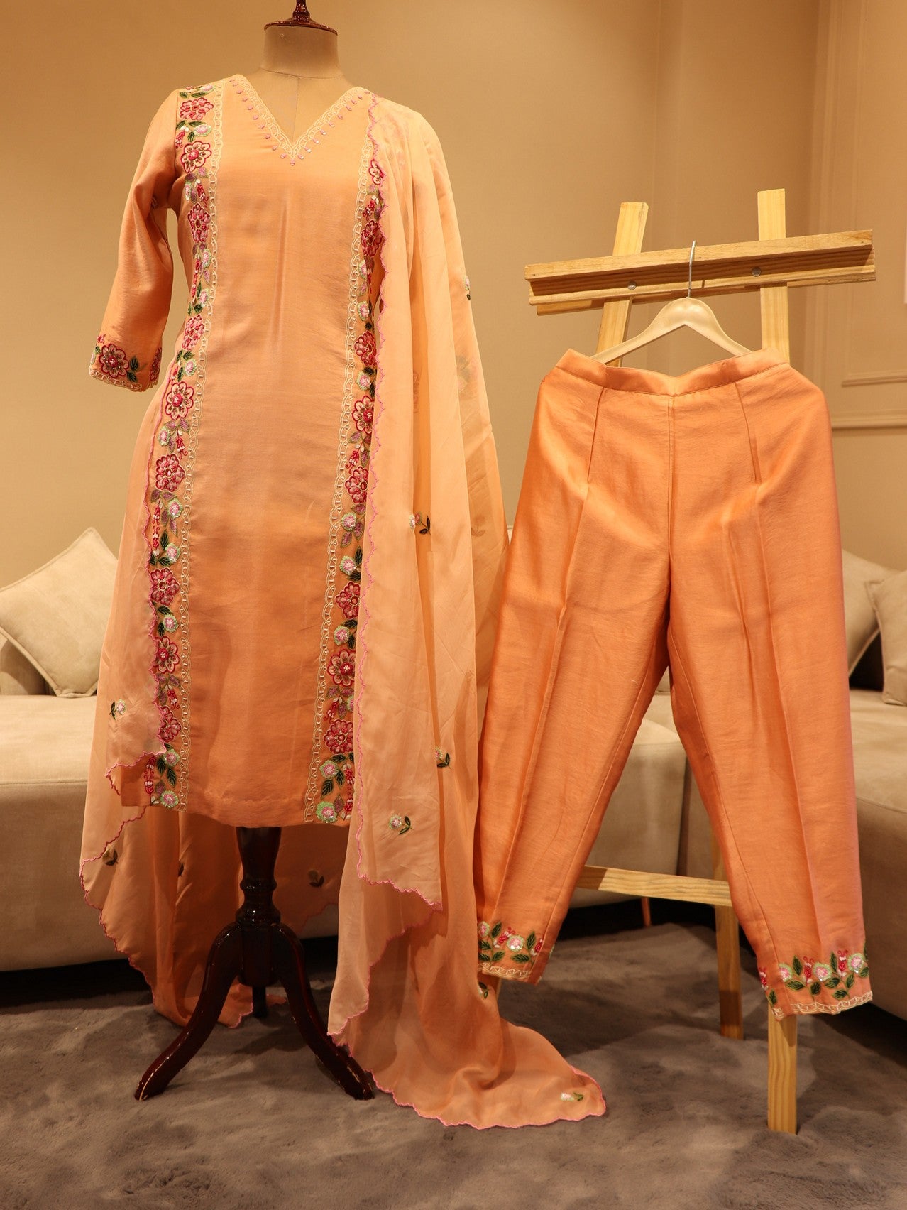 Peach kurta with pants and dupatta