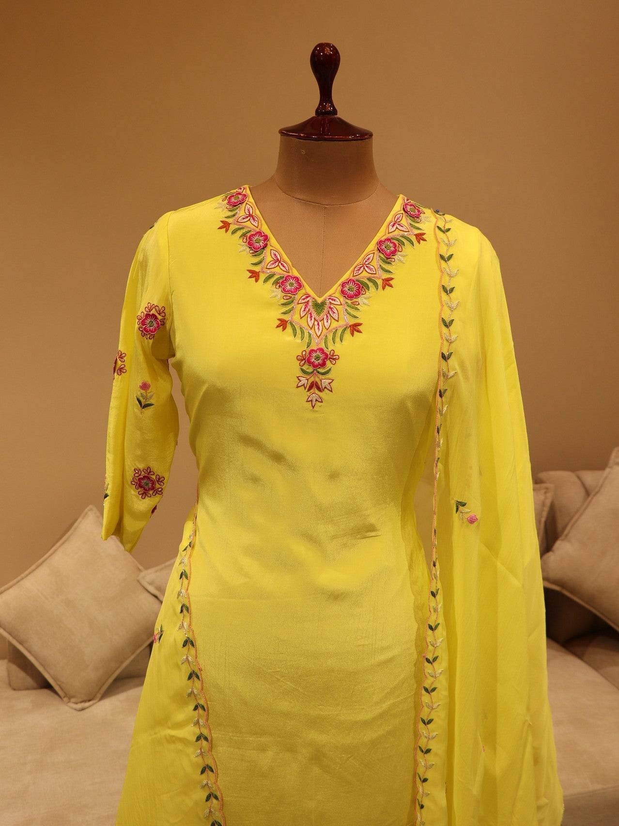 Lemon yellow kurta with plazo and dupatta