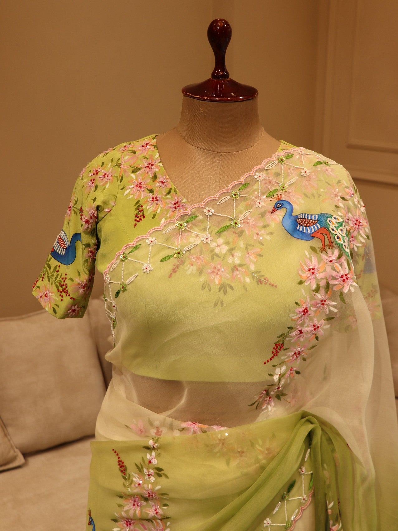 Pastel parrot green peacock hand painted saree with blazer