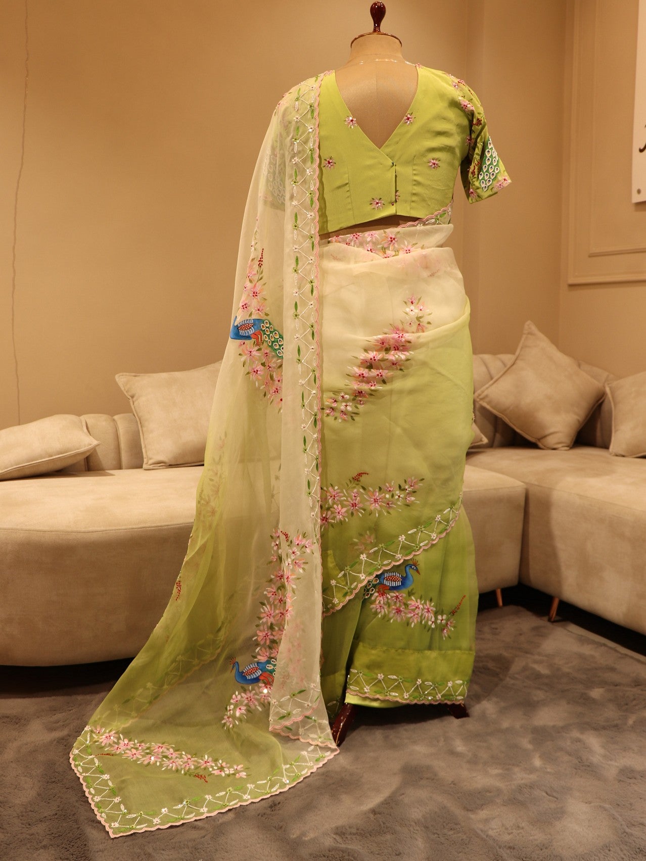 Pastel parrot green peacock hand painted saree with blazer