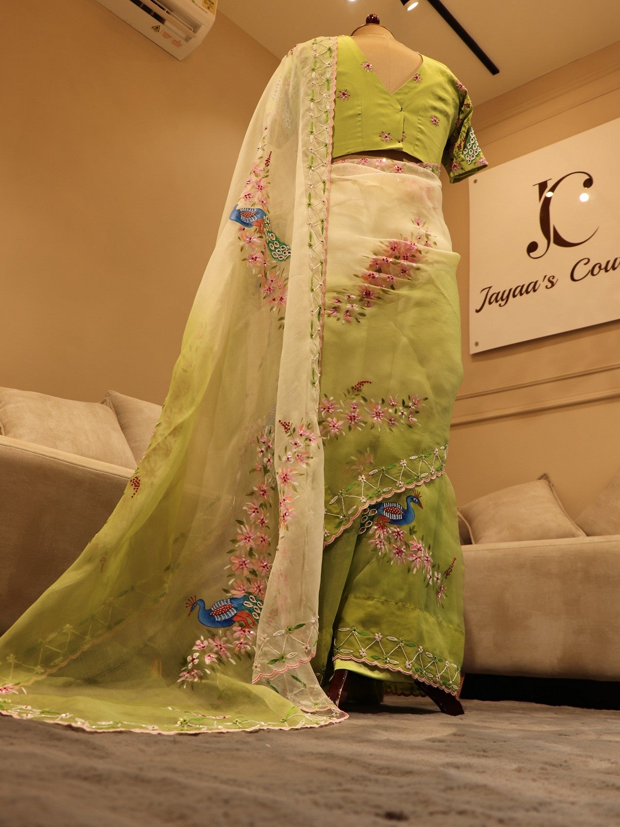 Pastel parrot green peacock hand painted saree with blazer