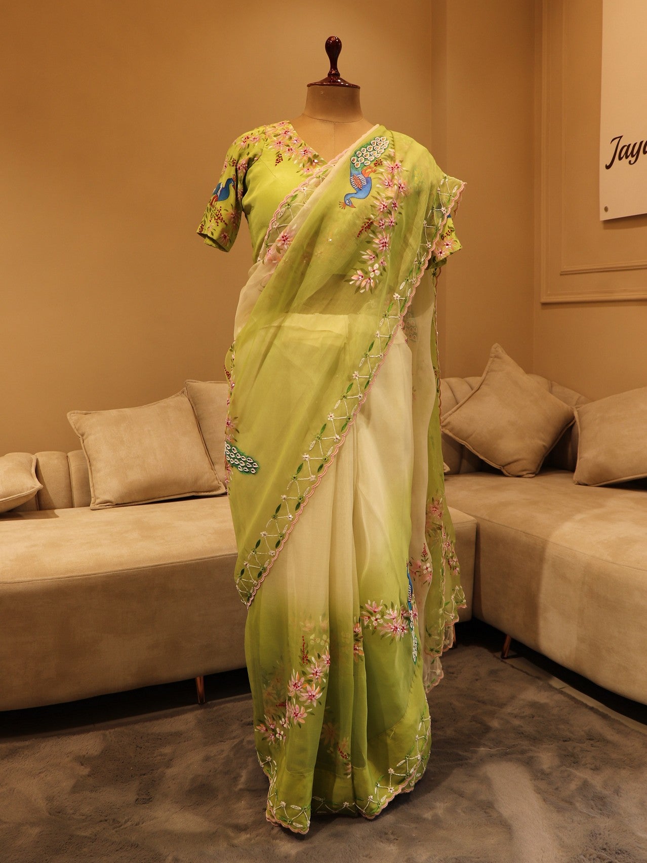 Pastel parrot green peacock hand painted saree with blazer