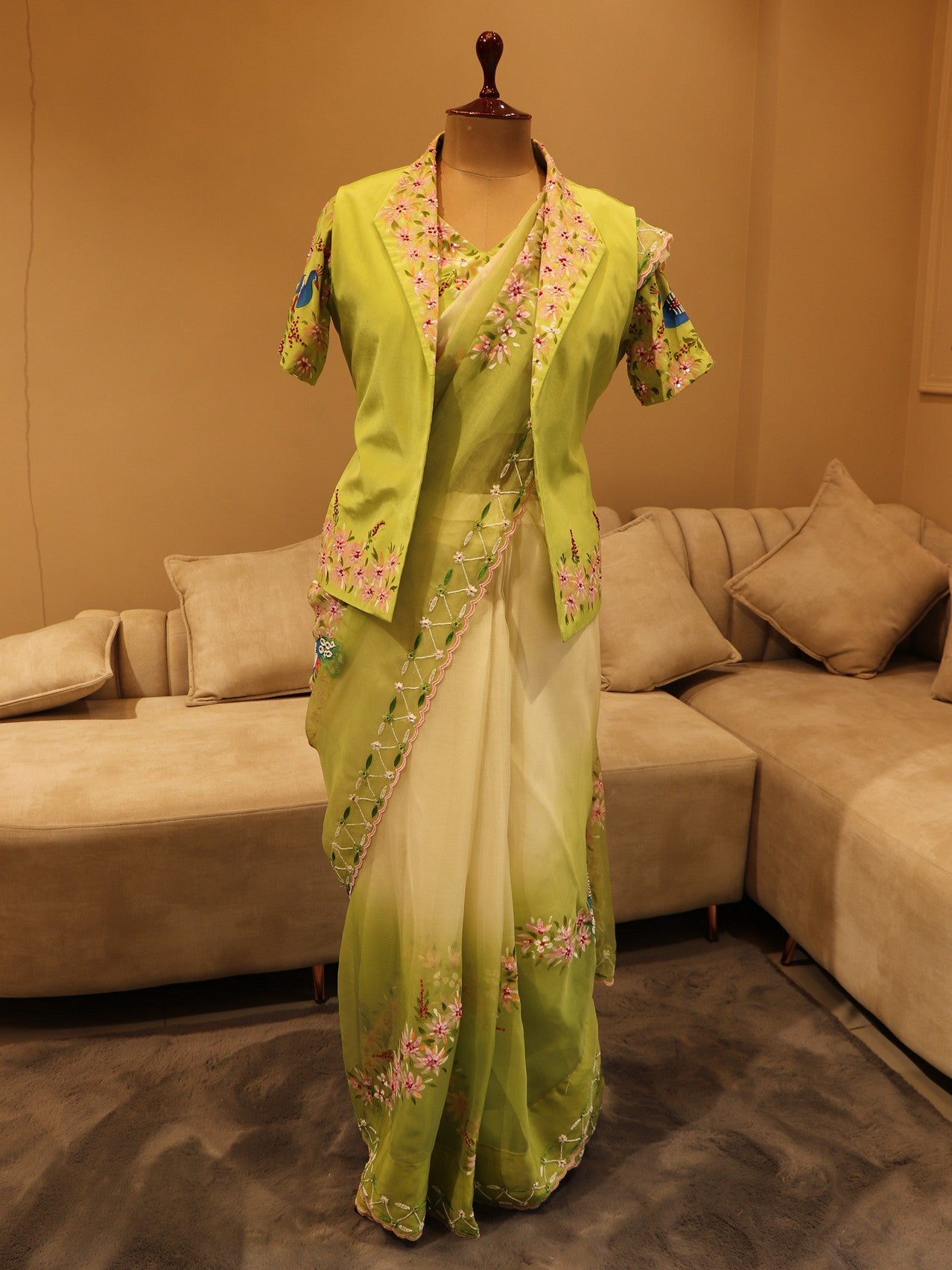 Pastel parrot green peacock hand painted saree with blazer