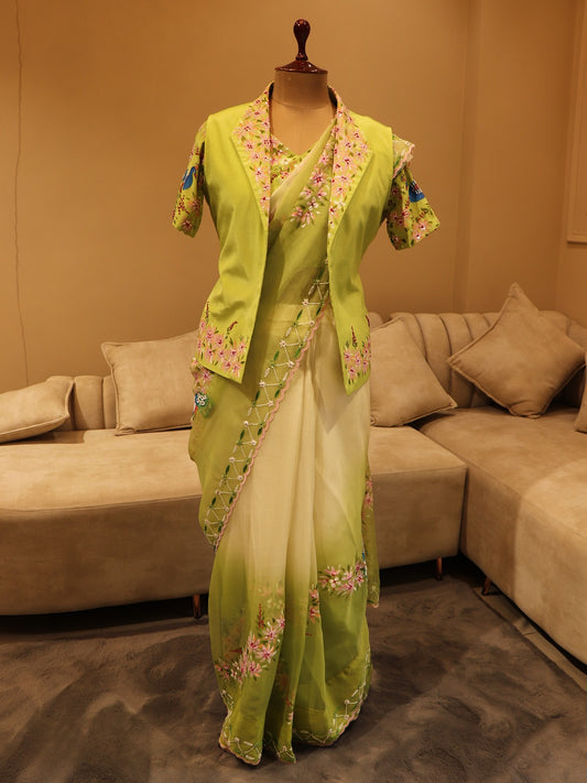 Pastel parrot green peacock hand painted saree with blazer