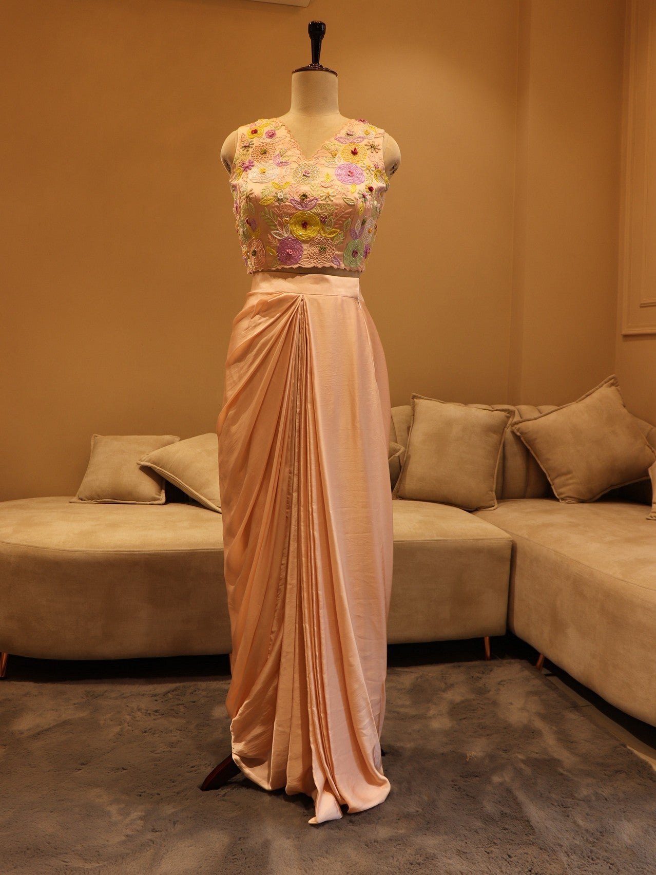 Pastel peach crop top with  drape skirt and cape