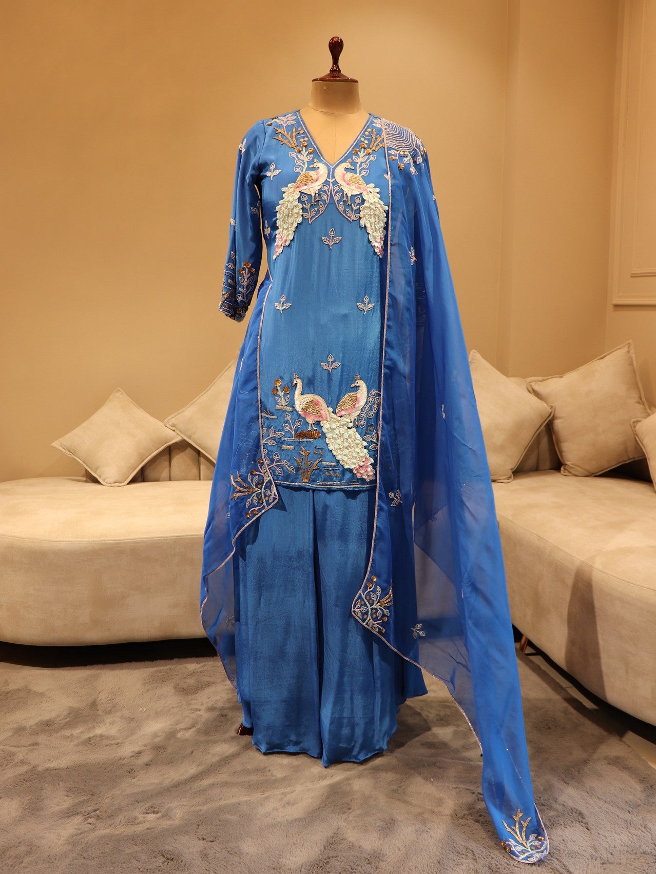 Royal blue peacock kurta with flaired plazo and dupatta