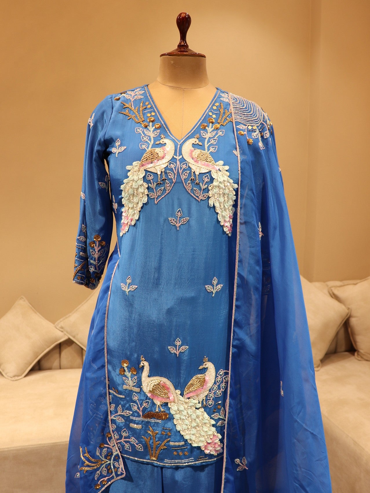 Royal blue peacock kurta with flaired plazo and dupatta