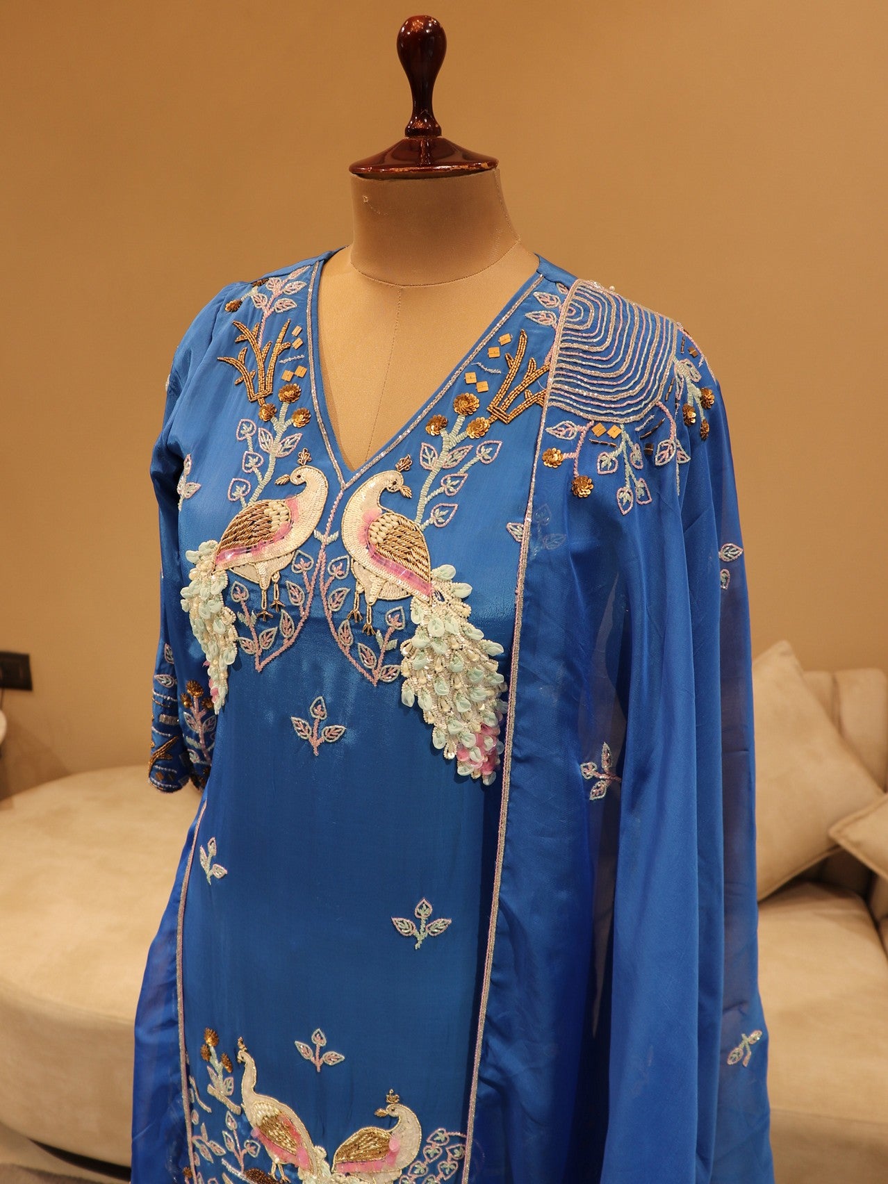 Royal blue peacock kurta with flaired plazo and dupatta