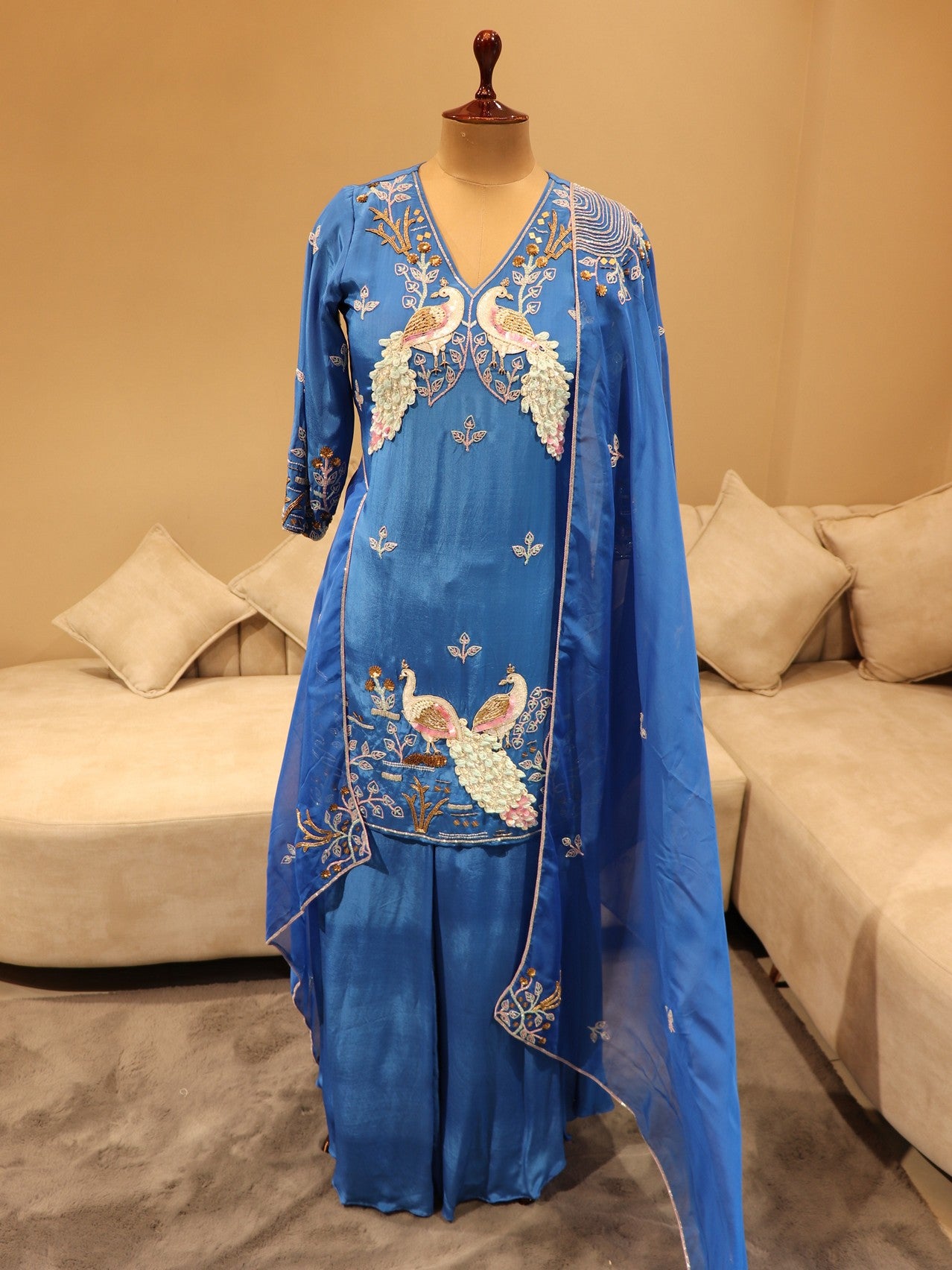 Royal blue peacock kurta with flaired plazo and dupatta