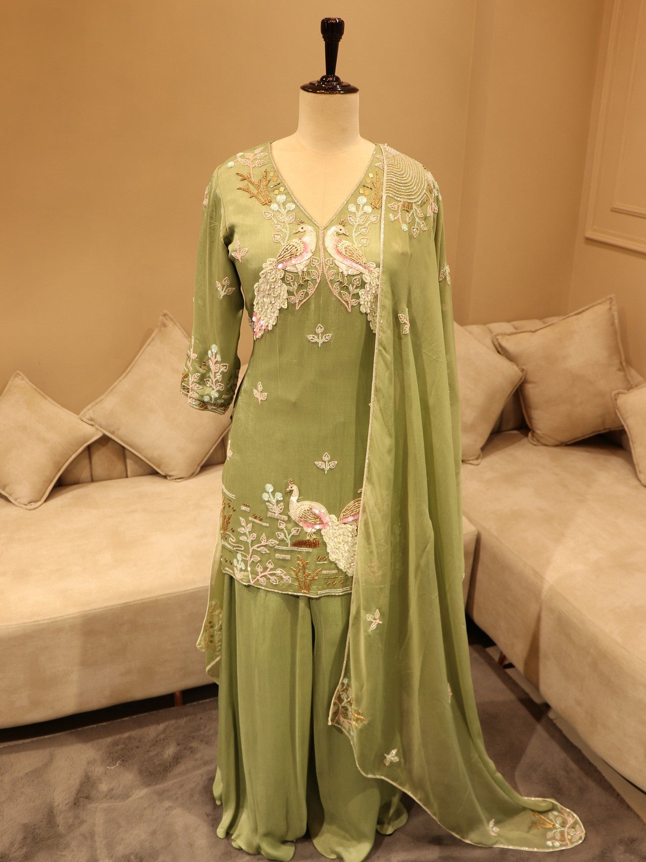 Olive green peacock kurta with flaired plazo and dupatta