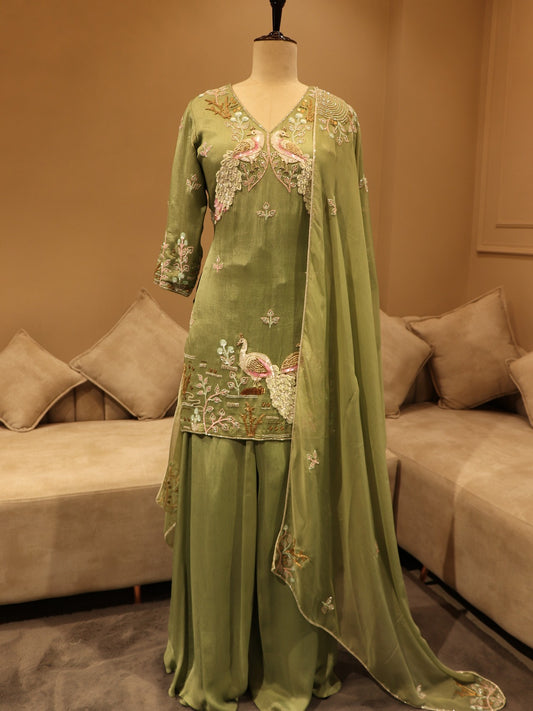 Olive green peacock kurta with flaired plazo and dupatta