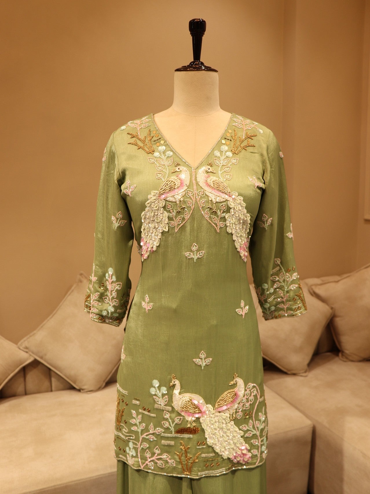 Olive green peacock kurta with flaired plazo and dupatta