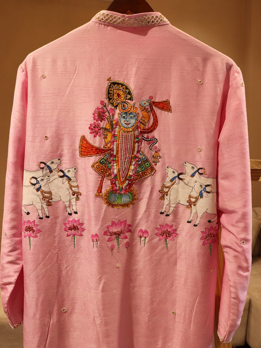 Pink handpainted shrinathji mens kurta with pants