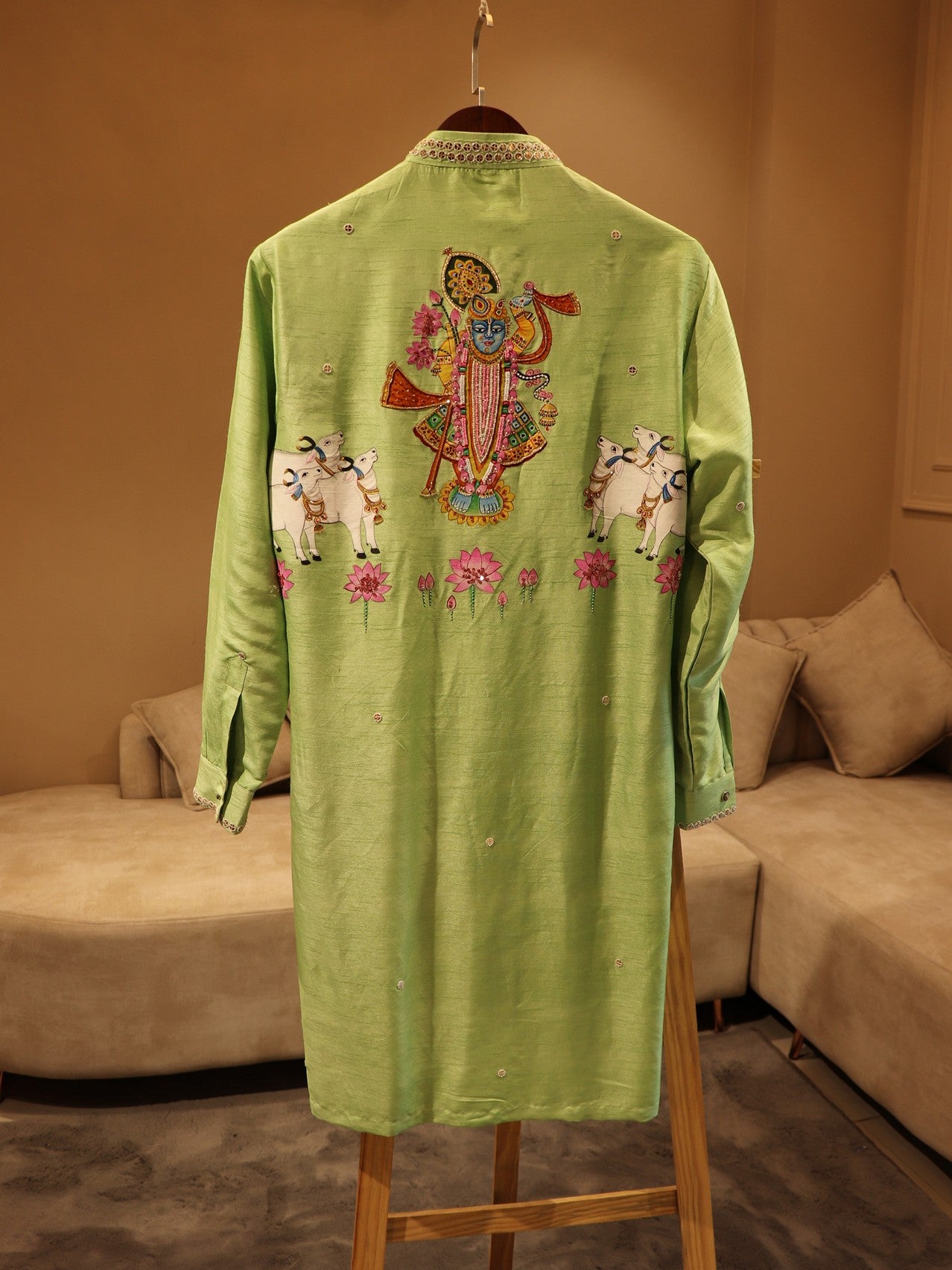 Pista green shreenathji pichwai handpainted mens kurta